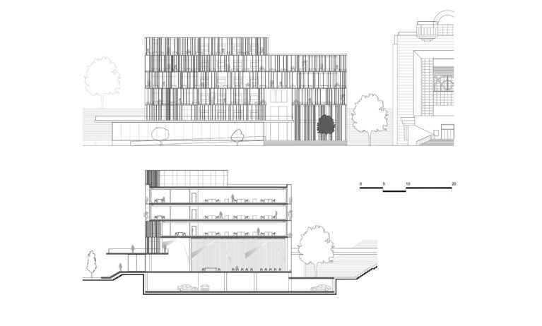 aqso arquitectos office, elevations and section of the new building extension for the Cluj Council. Transparent facade system and multifunctional room.