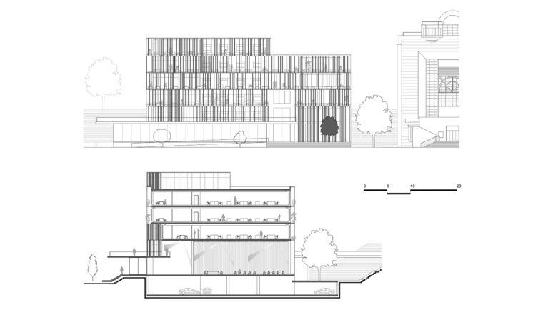 aqso arquitectos office, alzado y sección de la nueva ampliación del consejo regional de Cluj en Rumanía. Sistema de fachada permeable y sección del espacio multifuncional.