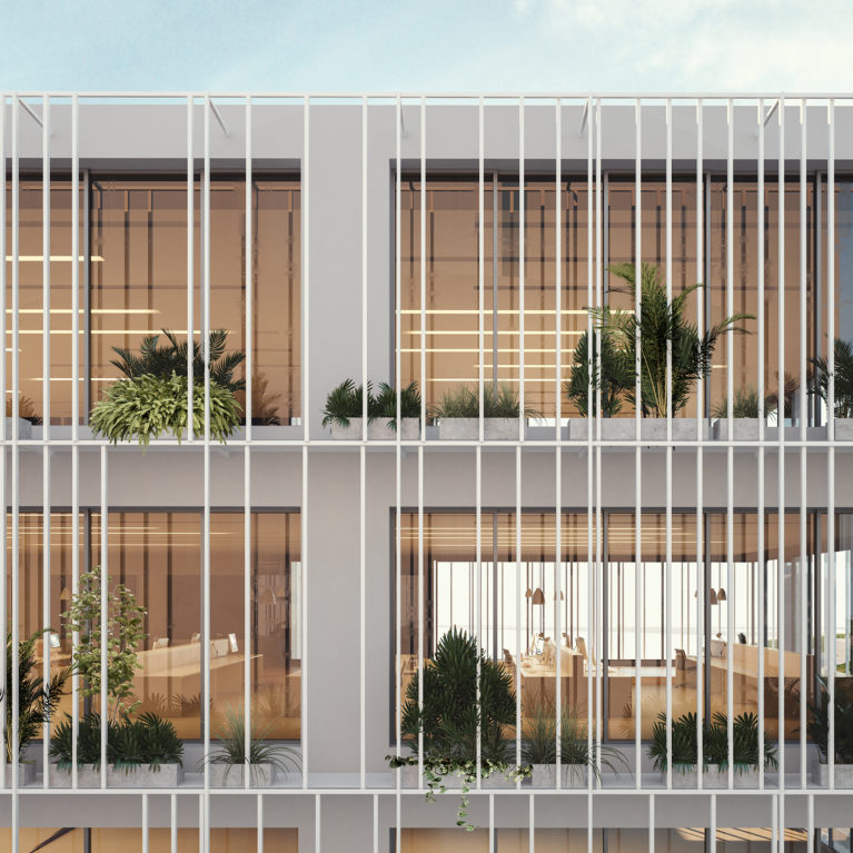 aqso arquitectos office. Detailed view of the facade system. The warm interior enjoys the vegetation and the sun protection of the facade, the planting requires low maintenance and looks great from outside.