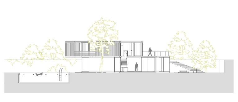 AQSO arquitectos office. La sección transversal muestra el terreno dividido en escalones de la terraza, la piscina y los niveles del suelo.