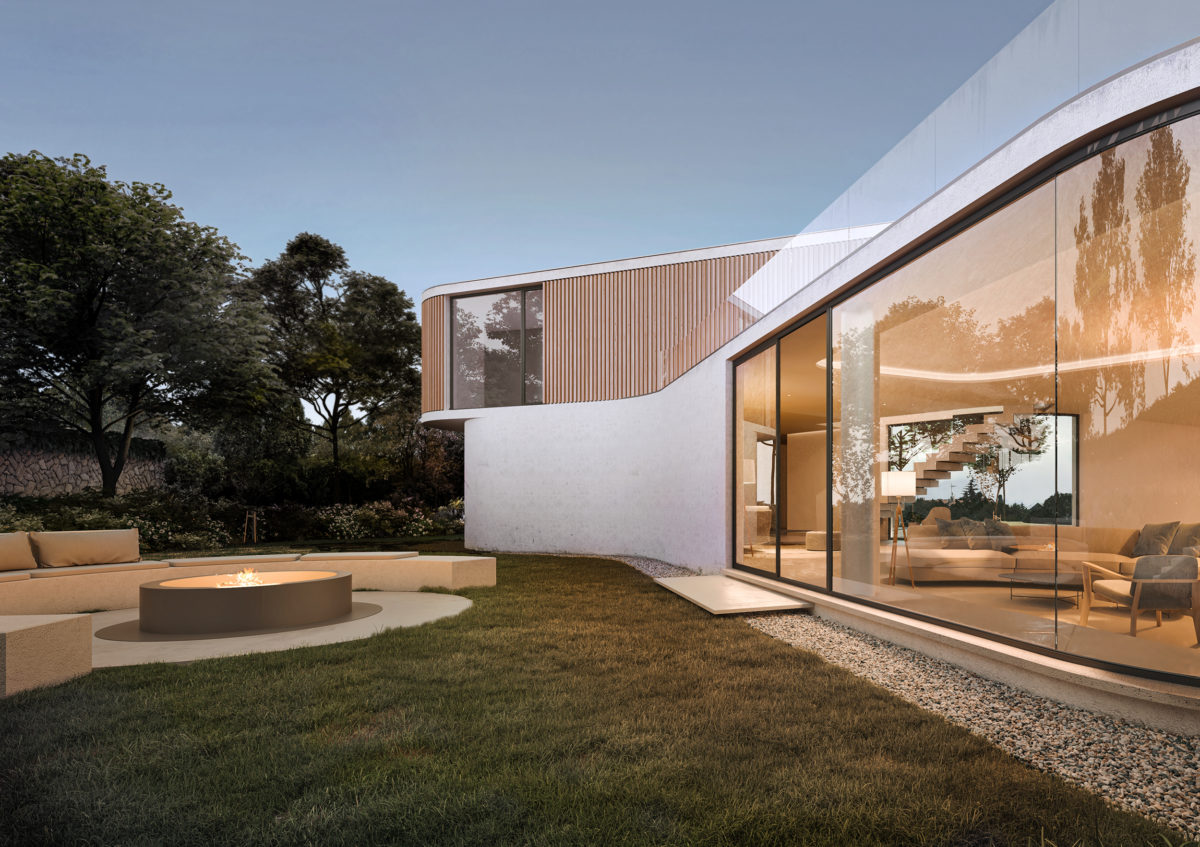 AQSO arquitectos office. Rear facade, with curved glass and wooden slats. The garden has a lounge with a fireplace.