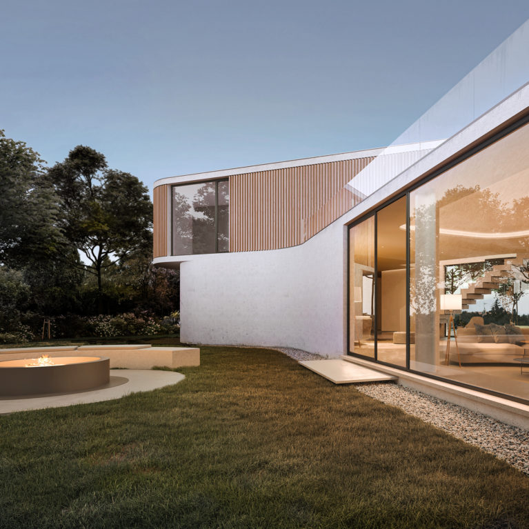 AQSO arquitectos office. Rear facade, with curved glass and wooden slats. The garden has a lounge with a fireplace.