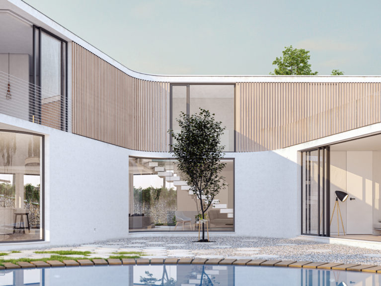 AQSO arquitectos office. The courtyard of the house opens up to the swimming pool. The large windows share the view of the central tree.