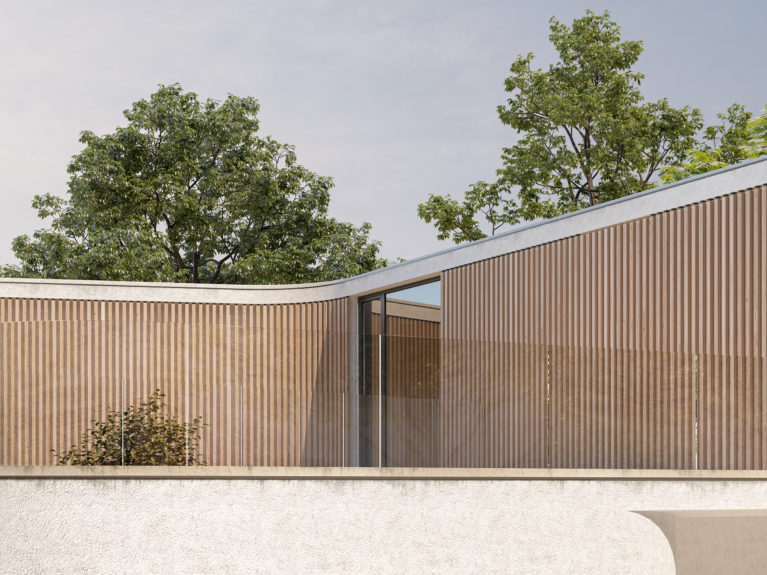 AQSO arquitectos office. Curved facade of wooden slats, with vegetation in the background.