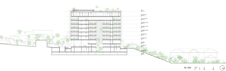 AQSO arquitectos office. The cross-section shows both the hospital's relationship with the campus and the urban environment and the abundant vegetation that enhances the interior of the building.