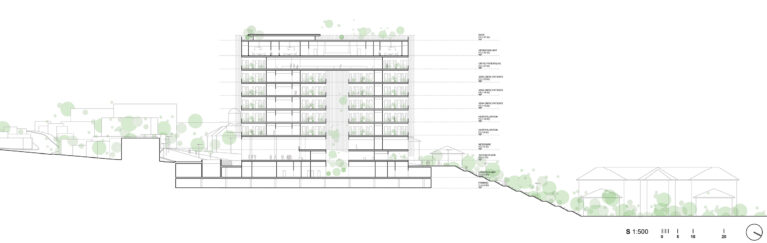 AQSO arquitectos office. La sección transversal muestra tanto la relación del hospital con el campus y el entorno urbano como la abundante vegetación que inunda el interior del edificio.