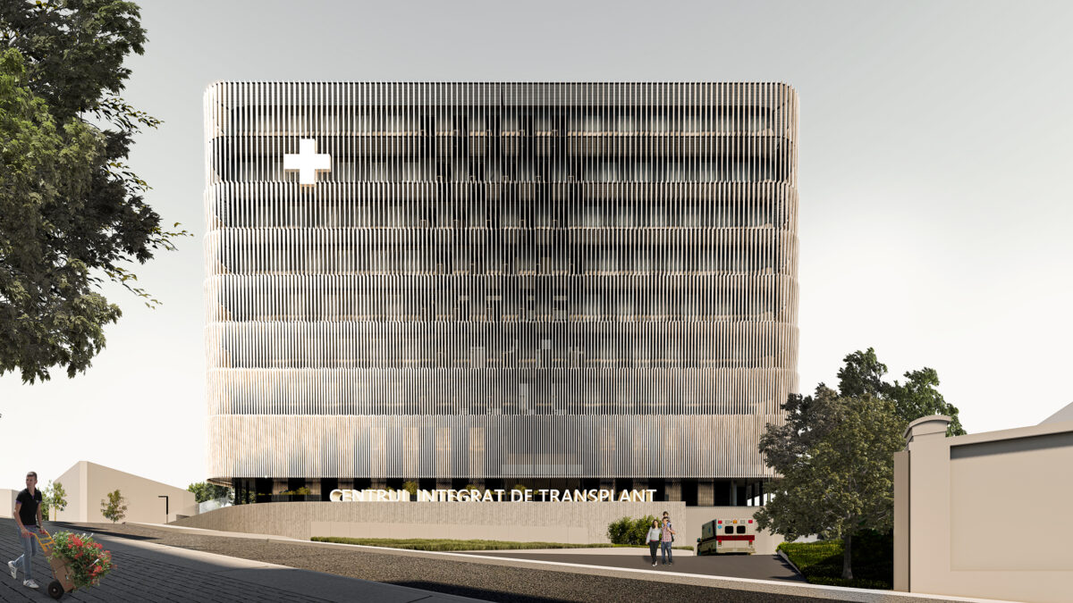AQSO arquitectos. El centro de trasplantes es un edificio moderno, de forma compacta y con una disposición funcional. La estética minimalista del exterior recuerda a un edificio público institucional.