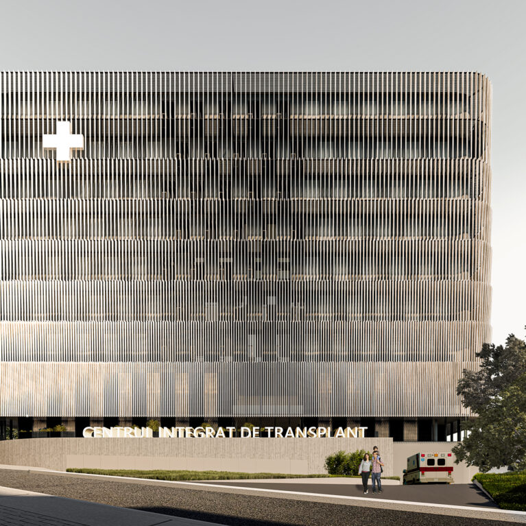 AQSO arquitectos office. The transplant centre is a modern building, compact in shape and with a functional arrangement. The minimalist aesthetic of the exterior resembles an institutional public building.