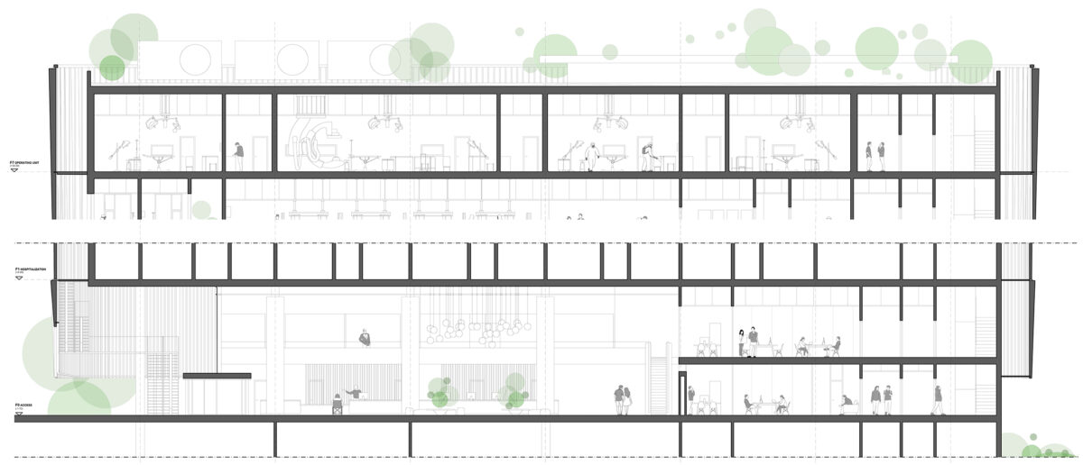 AQSO arquitectos office. Detailed section of the hospital showing the entrance lobby in the ground floor and the operation rooms on the top floor.