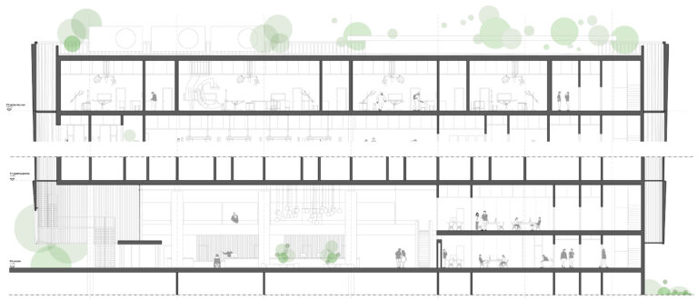 AQSO arquitectos office. Detailed section of the hospital showing the entrance lobby in the ground floor and the operation rooms on the top floor.