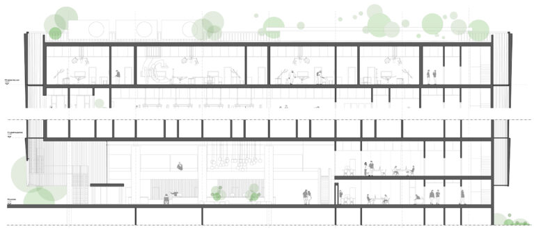 AQSO arquitectos office. Sección detallada del hospital mostrando el vestíbulo de entrada en la planta baja y los quirófanos en la planta superior.