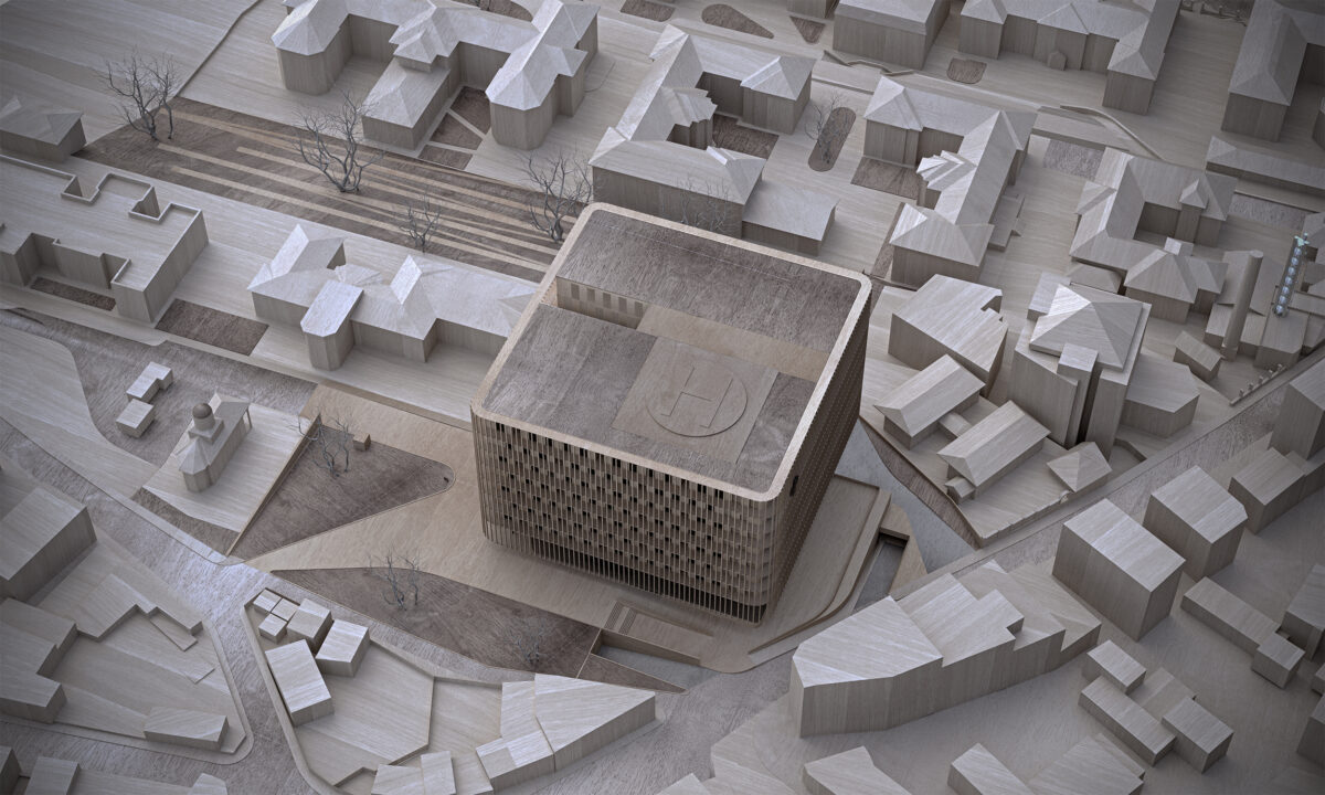 AQSO arquitectos office. La maqueta muestra el nuevo edificio dentro del contexto urbano y el paisaje que conecta con el parque.