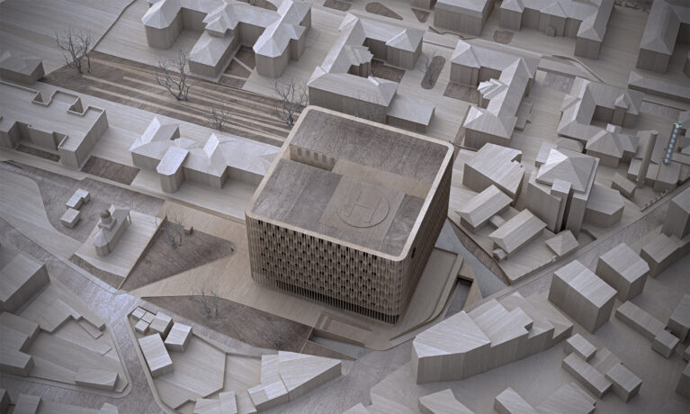 AQSO arquitectos office. The physical model shows the new building within the urban context and the landscape connecting with the park.