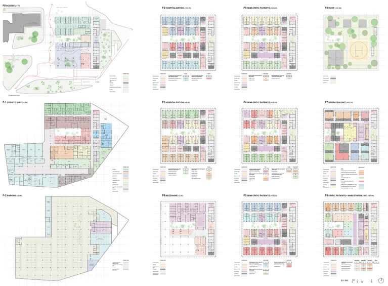 AQSO arquitectos office. Floor plan layouts coded by colours. The hospital comprises several departments and circuits for supplies, linen, patients, medical staff and visitors.