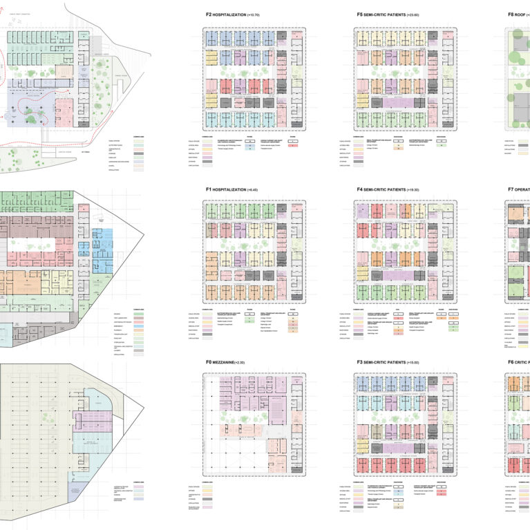 AQSO arquitectos office. Floor plan layouts coded by colours. The hospital comprises several departments and circuits for supplies, linen, patients, medical staff and visitors.