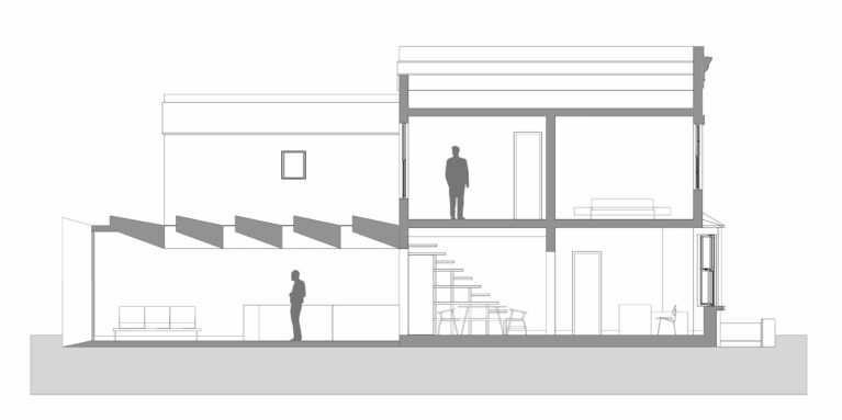 AQSO arquitectos office. La sección del edificio muestra la amplitud del salón, los lucernarios y la relación entre el edificio original y la nueva ampliación hacia el jardín.