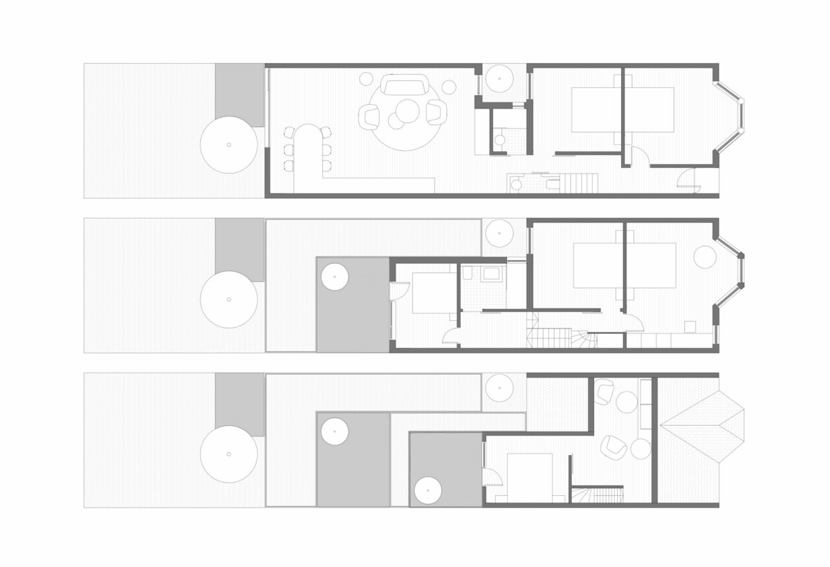 AQSO arquitectos office. Floor plan layouts of the renovated house. Extension of the kitchen on the ground floor, refurbishment of the first floor and loft conversion with a functional and elegant design.