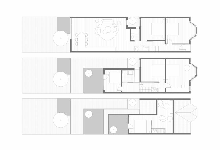AQSO arquitectos office. Floor plan layouts of the renovated house. Extension of the kitchen on the ground floor, refurbishment of the first floor and loft conversion with a functional and elegant design.