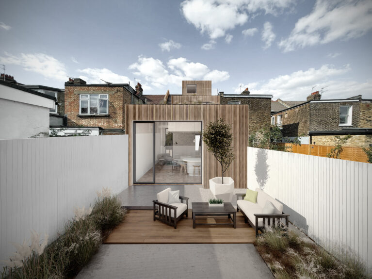 AQSO arquitectos office. The rear extension to this Victorian London dwelling introduces a contemporary architectural language with a stepped timber louvred facade.